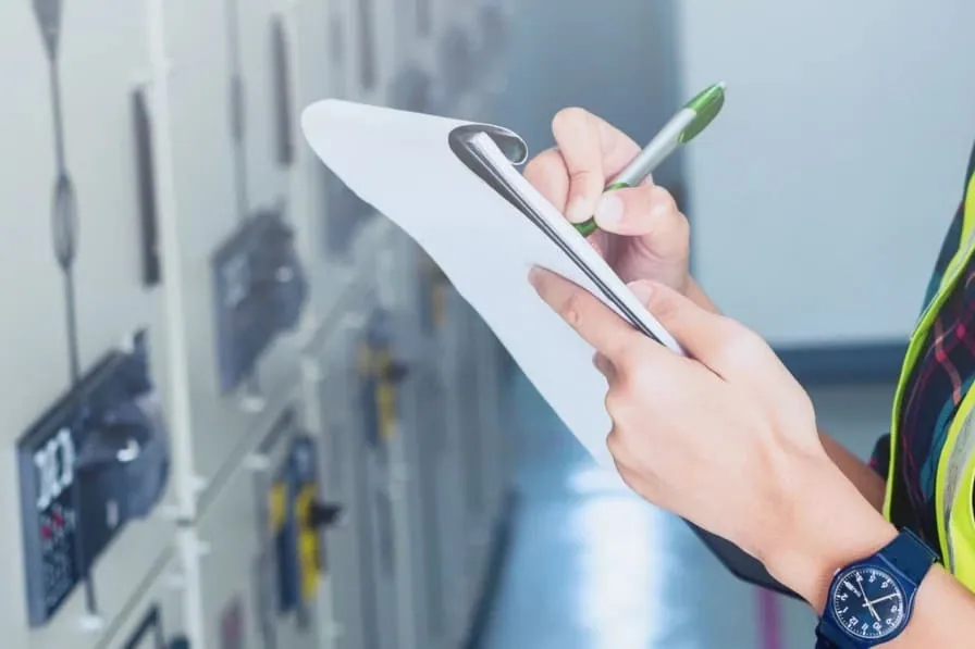 Inspector anotando en una lista de comprobación junto al cuadro durante la revisión para el boletín eléctrico