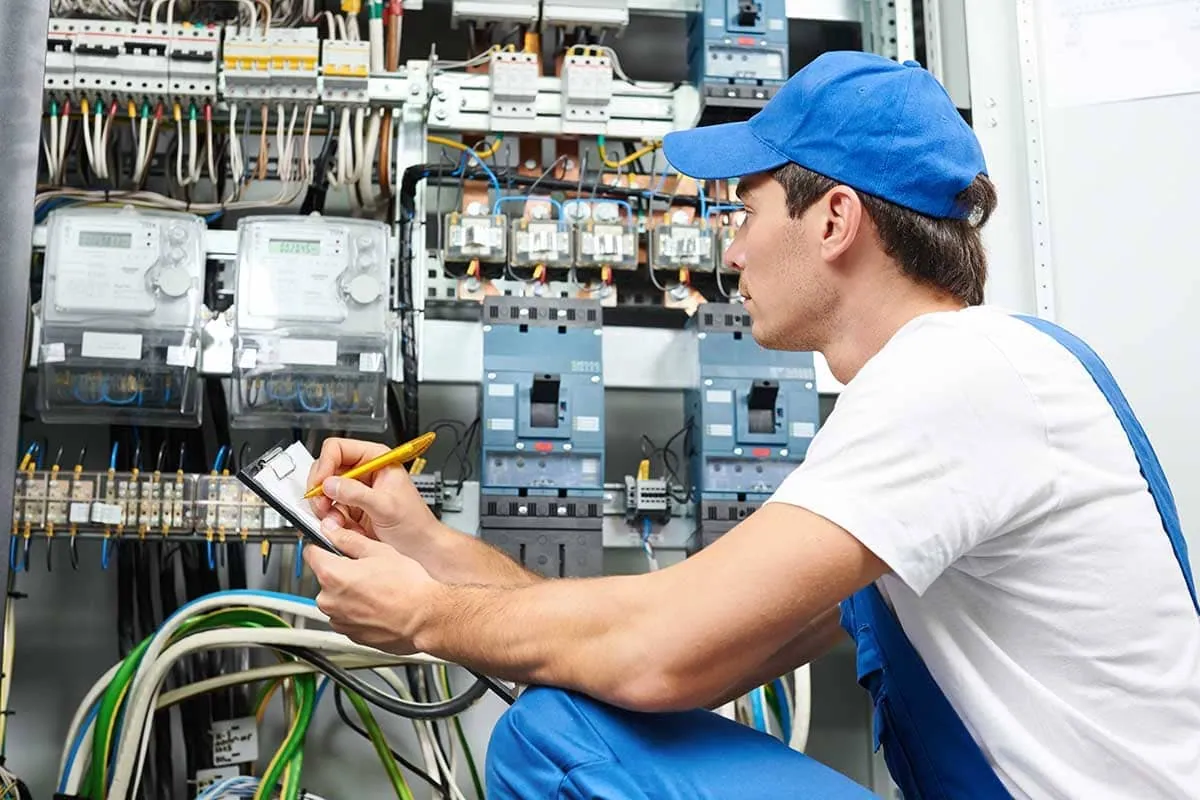 Electricista tomando notas frente a un cuadro de contadores durante la revisión para un certificado CIE en Bilbao