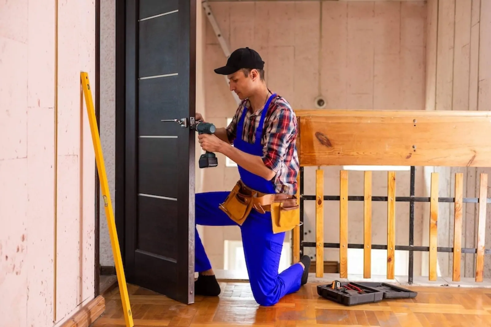 Cerrajero montando una puerta con taladro, uno de los trabajos que hacen los cerrajeros