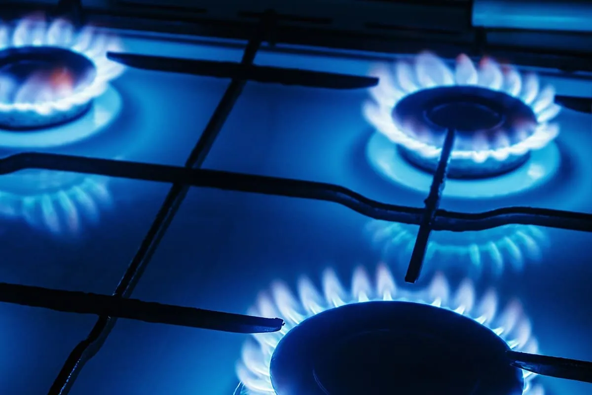 Quemadores de gas con llama azul tras la reparación de una cocina de gas