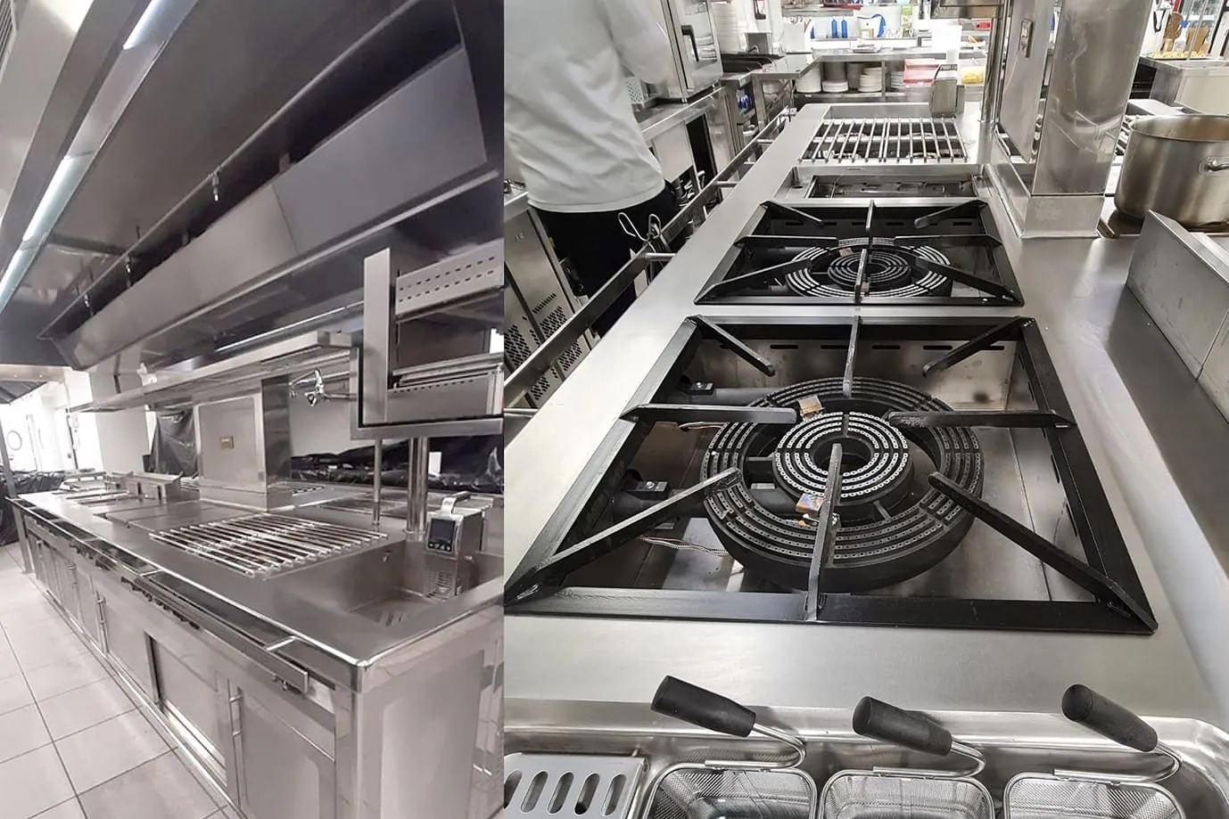 Cocina de gas industrial con fogones en un local de hostelería de Pamplona