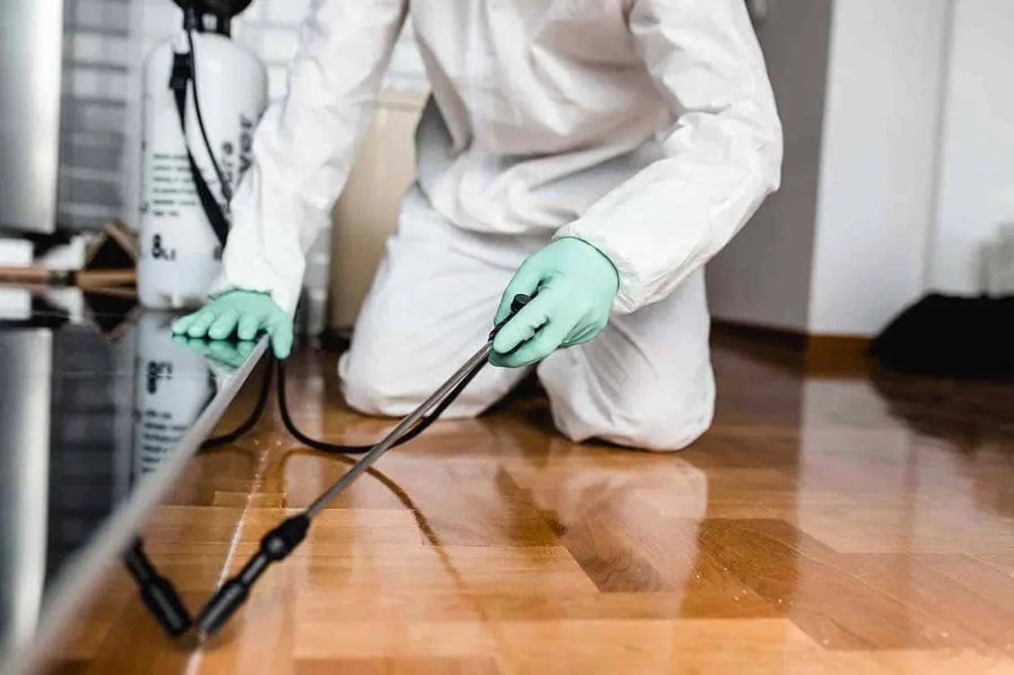 Técnico con traje de protección aplicando un tratamiento de control de plagas en una vivienda