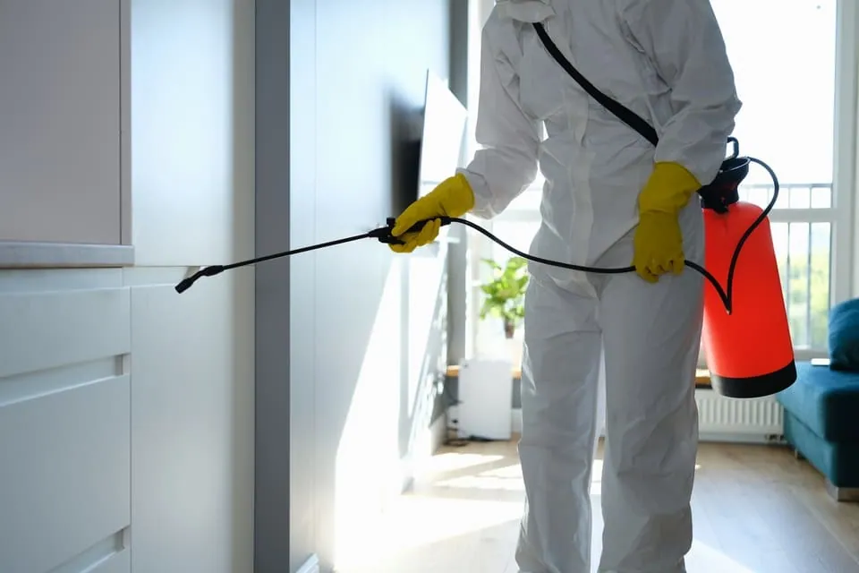 Control de plagas en Alicante: técnico con pulverizador tratando el salón de un piso