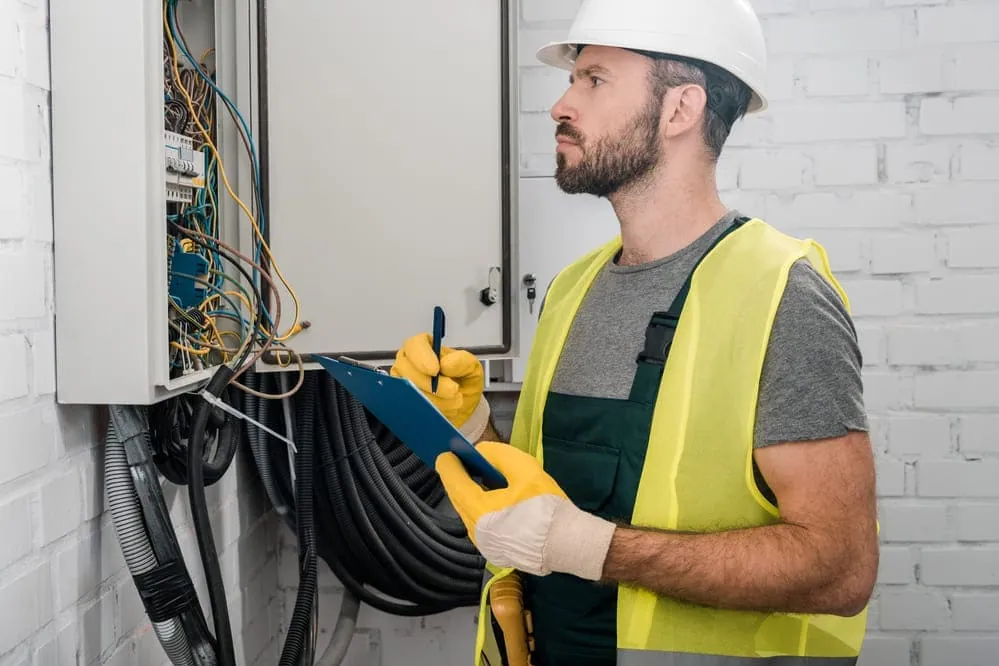 Electricistas a domicilio: electricista con casco y chaleco trabajando en un cuadro eléctrico