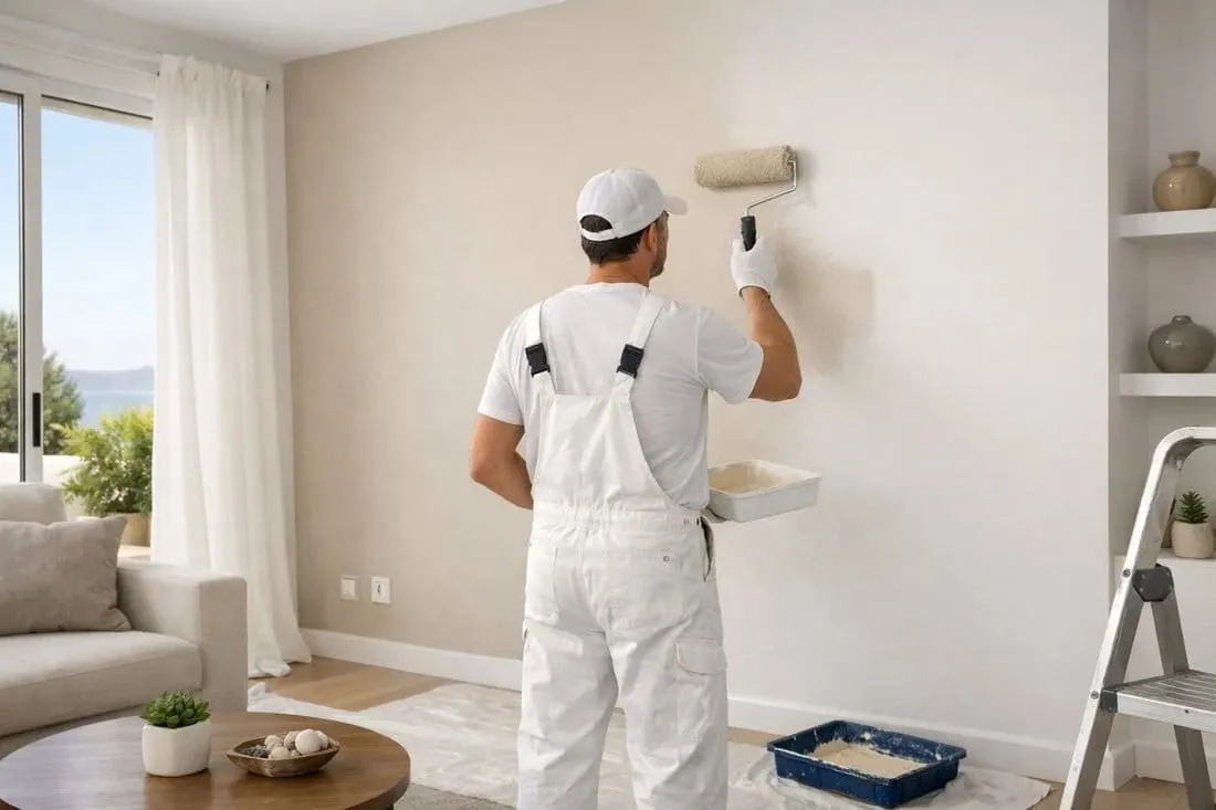 Pintor con rodillo en un salón de un piso de Pamplona