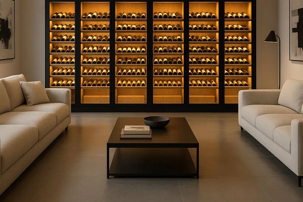 Armario de vino iluminado en un salón, revisado antes de la reparación